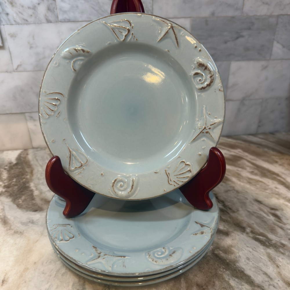Thomson Pottery Cape Cod Aqua Blue Sea Shells 8.5” Salad Dessert Plates Set of 4